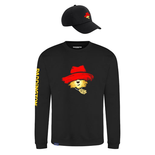 Black long-sleeve shirt with Paddington Bear design and matching black cap on a white background