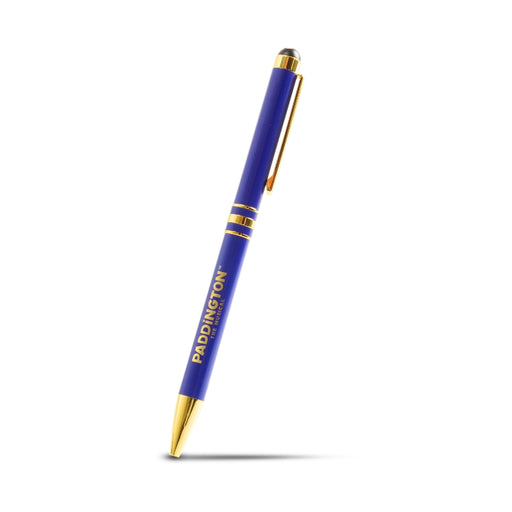 Blue pen with gold accents on a white background