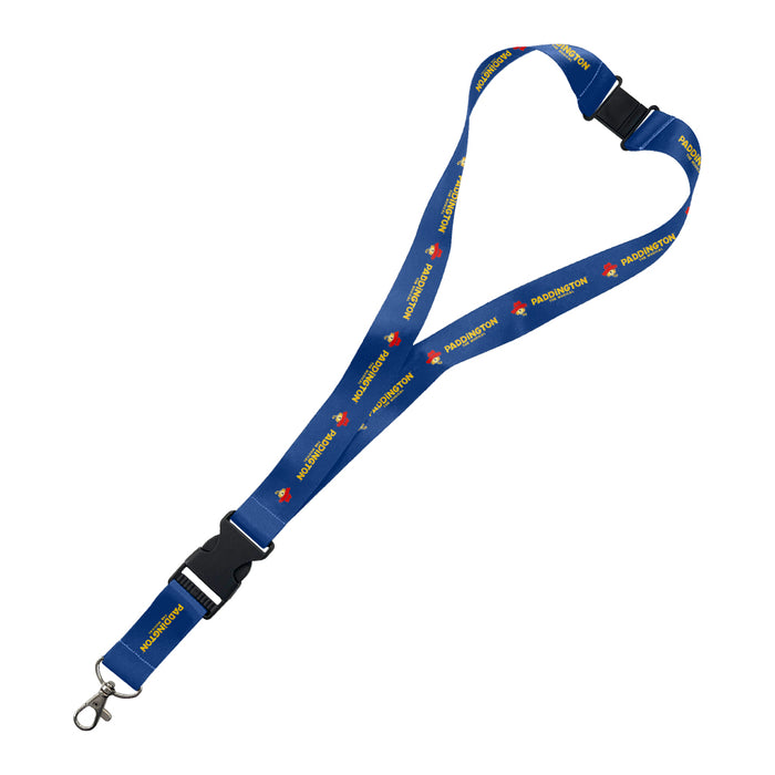 Blue lanyard with black clip and red paddington designs on a white background
