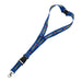 Blue lanyard with black clip and red paddington designs on a white background