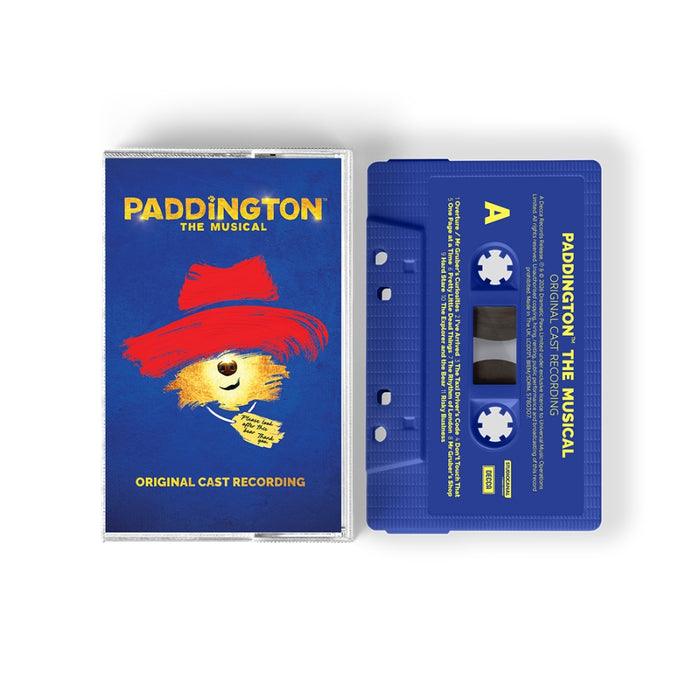 Blue Cassette tape and cover of 'Paddington The Musical' original cast recording on a white background