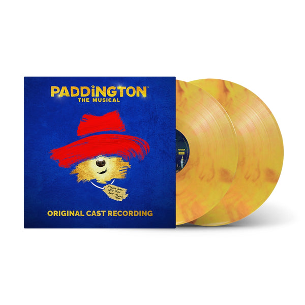 Vinyl record set with blue cover featuring Paddington Bear and orange marble disc.