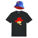 Black t-shirt with Paddington cartoon character design and blue bucket hat on a white background