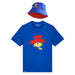Blue t-shirt with Paddington cartoon character and matching blue bucket hat on a white background