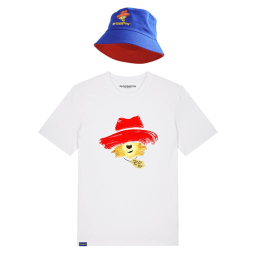 White t-shirt with Paddington cartoon character and red hat, blue bucket hat with yellow logo on white background