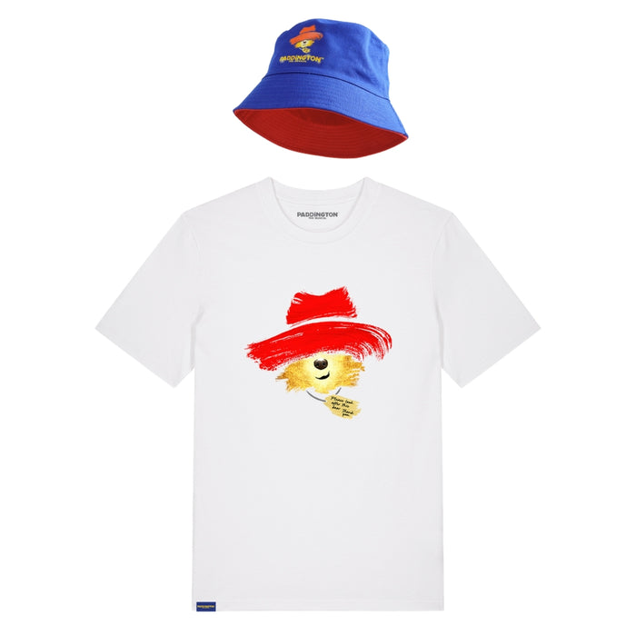 White t-shirt with Paddington cartoon character and red hat, blue bucket hat with yellow logo on white background