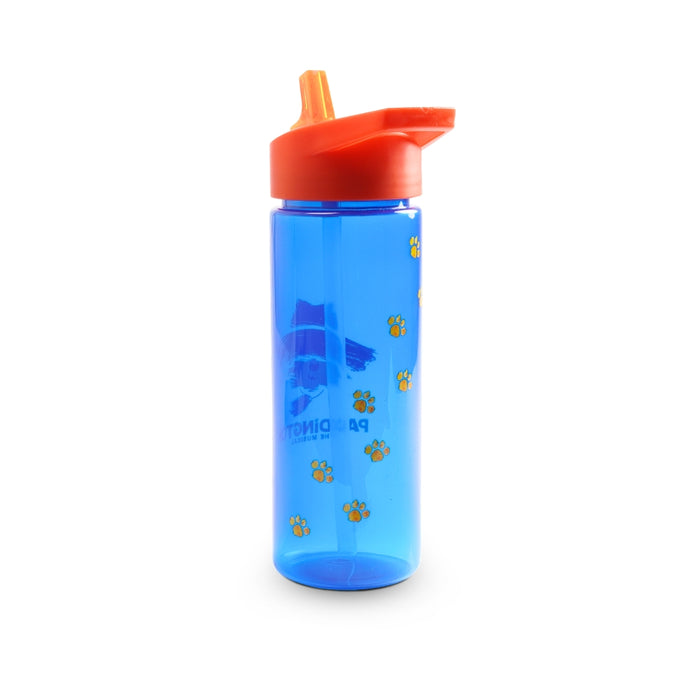 Back angle of Blue water bottle with red lid featuring Paddington Bear design on a white background