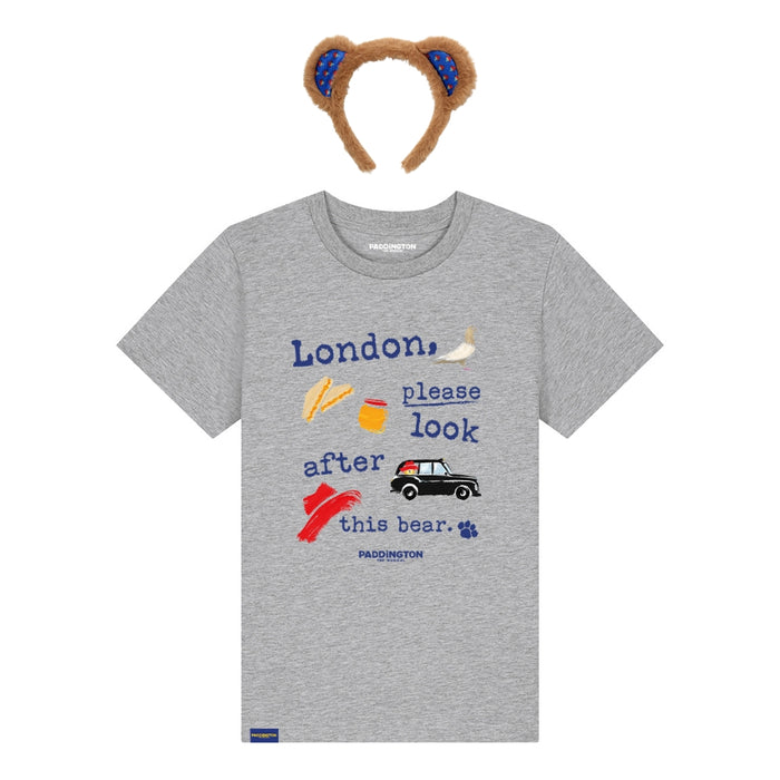 Gray t-shirt with Paddington Bear text and graphics, paired with a headband, on a white background.