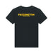 A black short-sleeve crewneck t-shirt featuring the yellow 'PADDINGTON THE MUSICAL' logo printed across the chest, displayed on a clean white background.