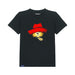 A black short-sleeve crewneck t-shirt featuring a graphic of a bear wearing a red hat, with the brand name 'Paddington The Musical' printed inside the collar.