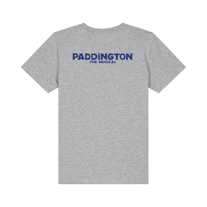 A heather gray short-sleeve t-shirt with 'PADDINGTON THE MUSICAL' printed in blue across the chest, shown against a plain white background.