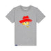 A heather gray short-sleeve t-shirt featuring a graphic of a Paddington bear wearing a red hat, with the text 'PADDINGTON THE MUSICAL' printed on the chest and a small blue tag near the bottom hem.