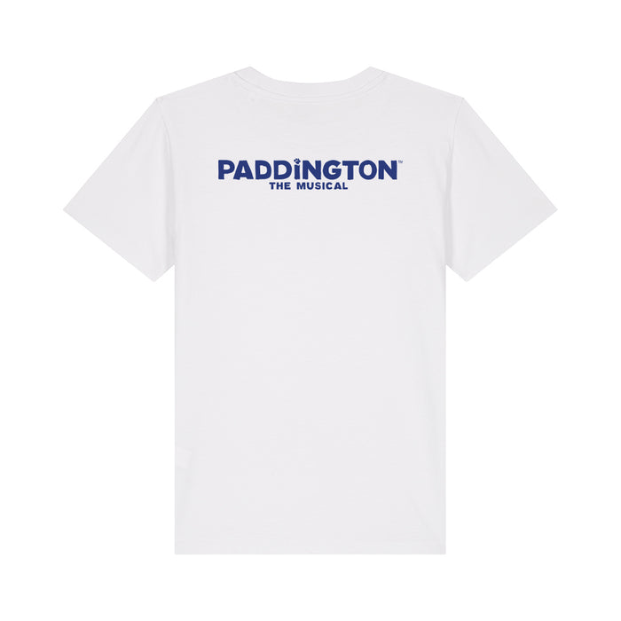 A white short-sleeve crewneck t-shirt featuring the text 'PADDINGTON THE MUSICAL' printed in blue across the chest, displayed on a clean white background.