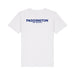 A white short-sleeve crewneck t-shirt featuring the text 'PADDINGTON THE MUSICAL' printed in blue across the chest, displayed on a clean white background.