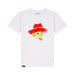 A white short-sleeve crewneck t-shirt featuring a graphic of a paddington bear wearing a red paint-brush hat, with the brand name 'PADDINGTON THE MUSICAL' printed inside the collar.