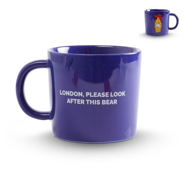 Blue mug with text 'LONDON, PLEASE LOOK AFTER THIS BEAR' on a white background