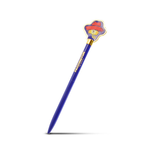 Blue and brass Pen with cartoon paddington the musical topper on a white background
