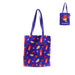 Blue tote bag with colorful London telephone booth box pattern on a white background