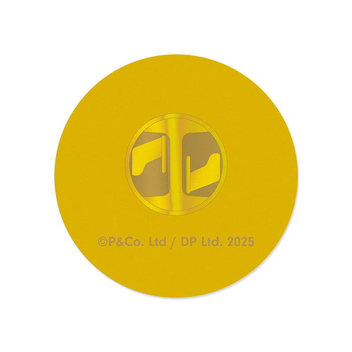 Yellow circular object with a logo and text on a white background