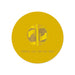 Yellow circular object with a logo and text on a white background