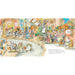 A wide, colorful illustrated scene showing a whimsical Halloween street with ghosts, pumpkins, cats, Paddington bear and people in costume. Small text appears along the bottom right, and the artwork is presented on a white page-like background.