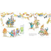 A vintage-style Halloween illustration Padington bear book featuring whimsical characters in costumes, bunting, pumpkins, and small decorative elements on a white background.