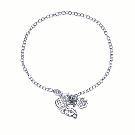 Silver bracelet with paw print charm on a white background