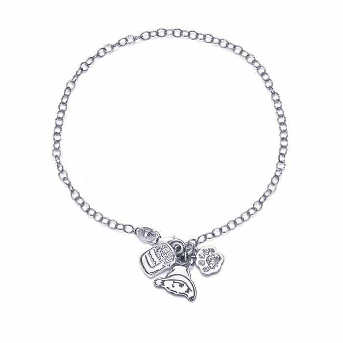 Silver bracelet with paw print charm on a white background