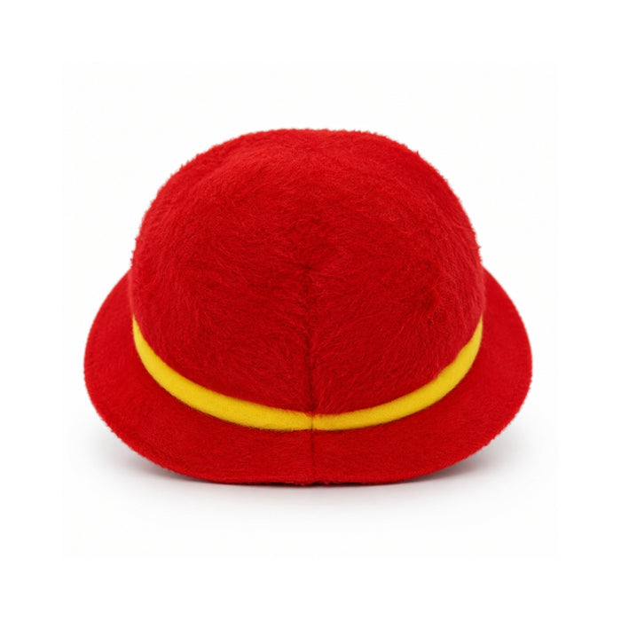 Rear view of a round Paddington bear plush toy wearing a bright red hat with a yellow band, photographed on a clean white background.