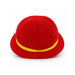 Rear view of a round Paddington bear plush toy wearing a bright red hat with a yellow band, photographed on a clean white background.