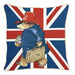 A square paddington cushion cover with union jack motif and bear carrying marmalade and suitcase