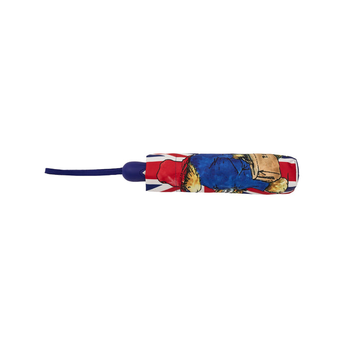 Colorful folded Paddington umbrella with a British flag pattern on a white background