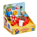 TV Paddington-themed toy set in its retail packaging, featuring a red sidecar-style toy car, a red scooter with white details, a blue Paddington bear figure, and a pigeonton figure on a yellow-and-blue display box.