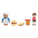 Children's playset with toy figure of a bear in a chef outfit with a cake, sandwich, and another boy figure on a white background