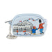 A light blue zippered coin purse featuring a cartoon illustration of Paddington Bear and a London guard, with a silver keychain attached on a white background.