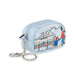 A light blue zippered coin pouch with a silver keychain clasp, featuring a printed illustration of Paddington Bear playing with a london soldier in front of Buckingham Palace.