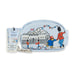 A light blue keyring bag featuring an illustration of Paddington Bear in front of Buckingham Palace, with a silver metal keyring and a hanging product tag.