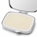 An open silver compact case containing a smooth, pale cream-colored balm or lip balm, with a mirror visible in the lid against a white background.
