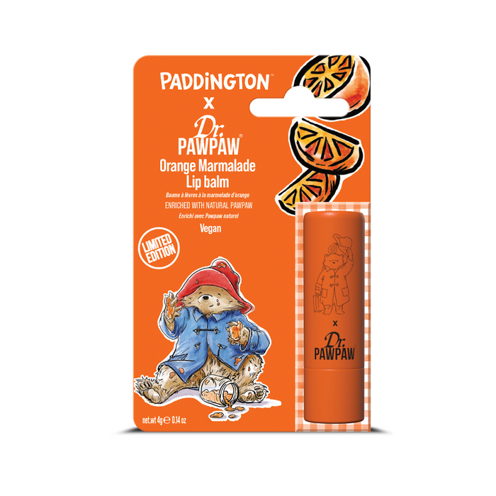 Dr. Pawpaw Orange Marmalade Lip Balm with Paddington Bear packaging on a white background