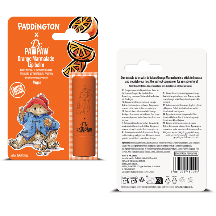 Dr. Pawpaw Orange Marmalade Lip balm packaging with Paddington Bear design