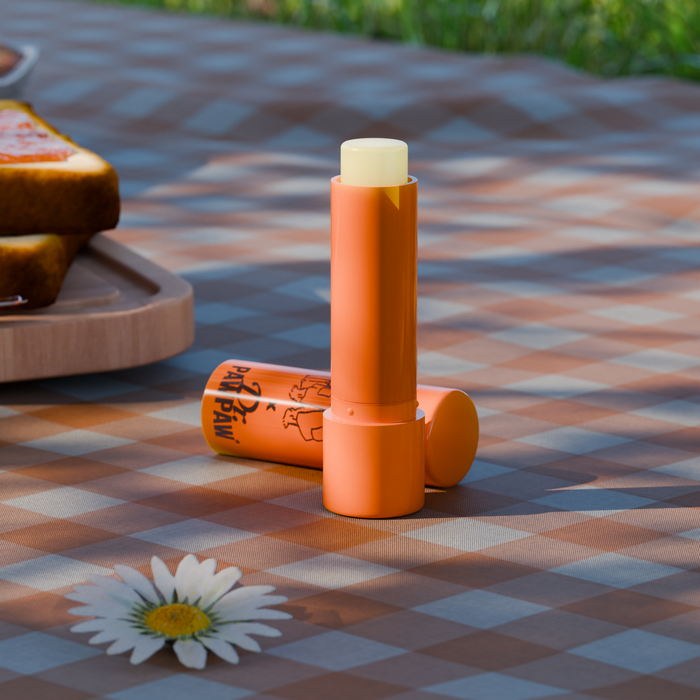 An orange lip balm tube stands upright on a brown-and-white checkered picnic blanket outdoors, with another tube lying on its side and a daisy flower in the foreground. A slice of toast with jam is visible in the background.