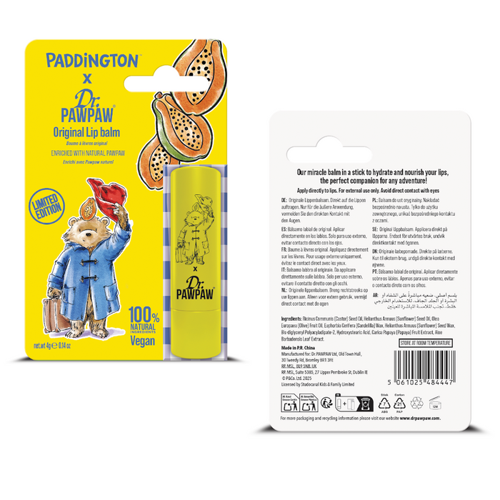 Dr. Pawpaw lip balm packaging with Paddington Bear illustration on a white background