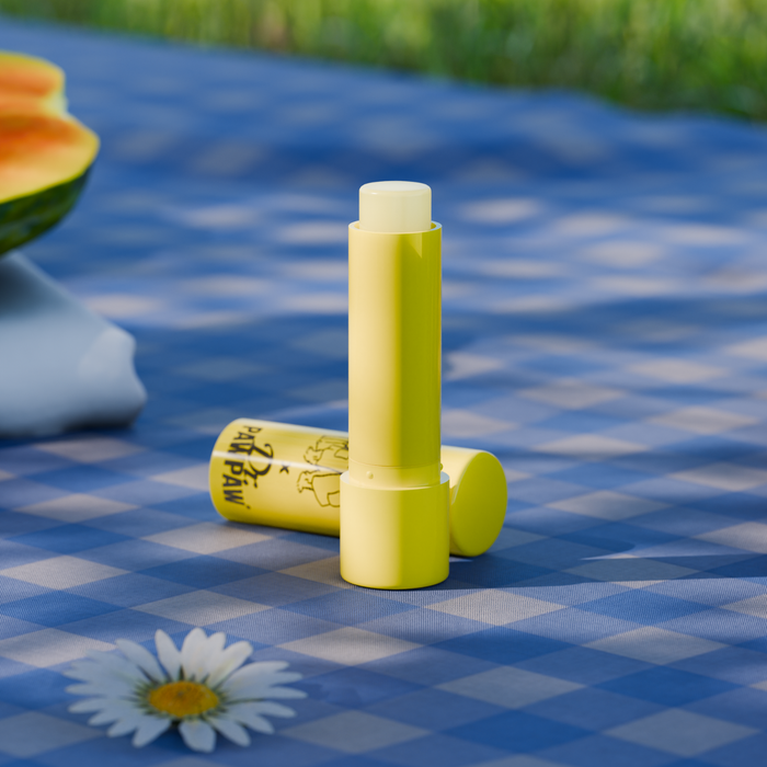 A yellow lip balm tube stands upright on a blue-and-white checkered picnic blanket outdoors, with the cap placed beside it. A slice of watermelon and a daisy are visible in the blurred background.