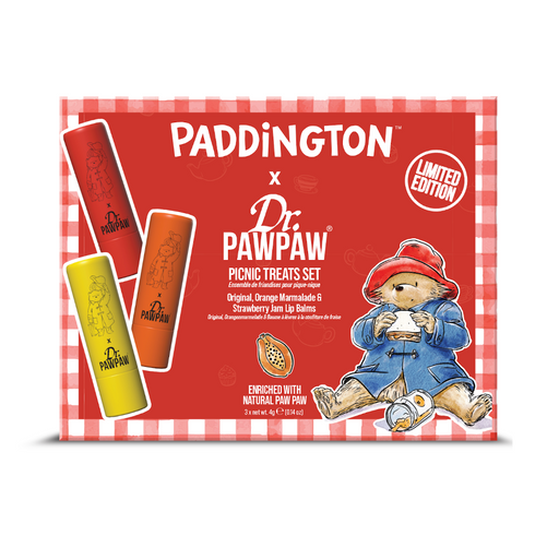 Paddington x Dr. PawPaw picnic treats lip balm gift set packaging with Paddington Bear illustration.