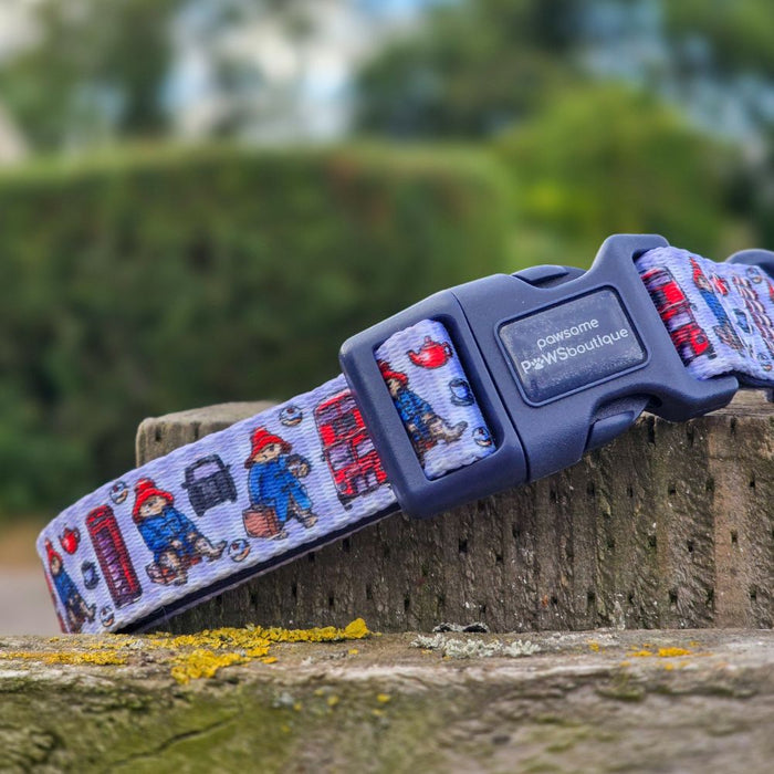 A close-up of a dog collar with a blue plastic buckle and a patterned fabric strap featuring Paddington Bear illustrations, resting on a stone ledge outdoors.