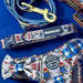 A set of dog accessories including a blue and white gingham leash with a gold clasp, a matching dog collar with a Paddington bear print and a navy blue brand patch, and a matching harness with a gingham bow and a circular logo patch, all laid out on a blue background.