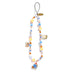 A beaded charm phone strap featuring pastel blue, yellow, and white beads with enamel charms including a beer mug, a coffee cup, and a character carrying a suitcase, on a white background.