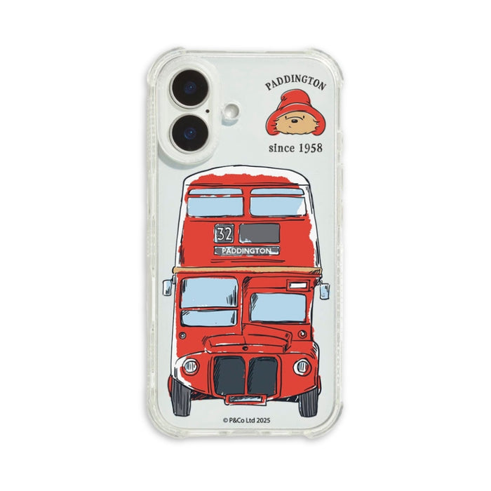 Phone case with a red double-decker bus design and Paddington Bear logo on a white background