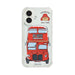 Phone case with a red double-decker bus design and Paddington Bear logo on a white background