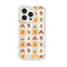 Orange marmalade Phone case with a checkered pattern of Paddington cartoon characters and icons on a white background